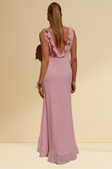Aurora Bloom - Pink Ruffled Long Maxi Dress with a Slit
