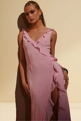 Aurora Bloom - Pink Ruffled Long Maxi Dress with a Slit