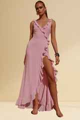 Aurora Bloom - Pink Ruffled Long Maxi Dress with a Slit