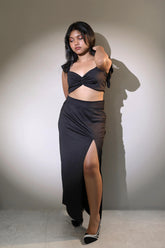 Ebony Luxe Frill Sleeve Crop Top & High Slit Skirt Co-ord Fit