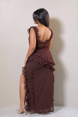 Black Ruffle Frill High Slit Beach Maxi Dress