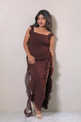 Black Ruffle Frill High Slit Beach Maxi Dress