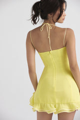 Hahn Spaghetti Strap Striped Cowl Neck Ruffled Bodycon Dress