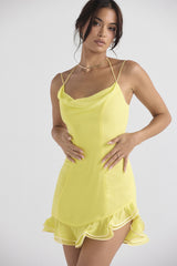 Hahn Spaghetti Strap Striped Cowl Neck Ruffled Bodycon Dress