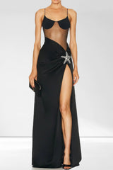 Spaghetti Strap See Through High Slit Star Long Dress