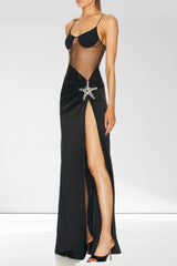 Spaghetti Strap See Through High Slit Star Long Dress