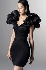Lizbe Corset Ruffled Sleeves Bodycon Dress in Black