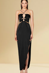 Halter Neck Hollow Out Asymmetric Split Cutout Dress