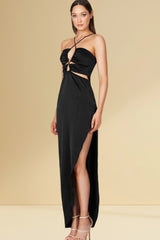 Halter Neck Hollow Out Asymmetric Split Cutout Dress