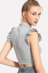 Deblo Turtle Neck Frill Sleeves Crop Top