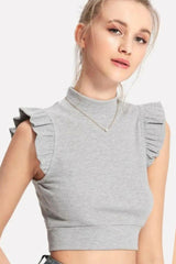 Deblo Turtle Neck Frill Sleeves Crop Top