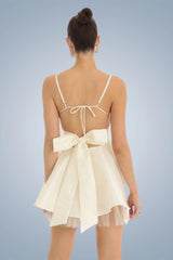 White Spaghetti Strap Backless Bow Mini Dress