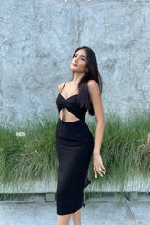 Black Sweetheart Neck Cut-Out Tie-Up Slit Dress