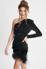Black One Shoulder Sequins Feather Fur Dress