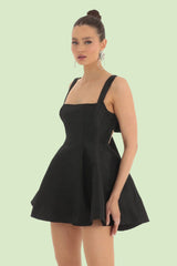 Black Square Neck Backless with Bow Skater Dress