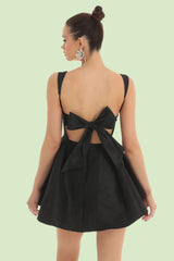 Black Square Neck Backless with Bow Skater Dress