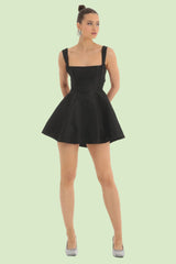 Black Square Neck Backless with Bow Skater Dress