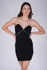 Camilo Deep Neck Rhinestone Strap Short Dress