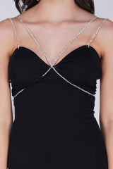 Camilo Deep Neck Rhinestone Strap Short Dress