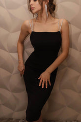Luxe Diamond Sling Backless Midi Dress in Black