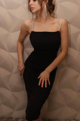 Luxe Diamond Sling Backless Midi Dress in Black