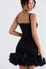 Black Spaghetti Strap Square Neck Mini Bodycon Dress With Ruffle