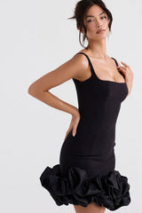 Black Spaghetti Strap Square Neck Mini Bodycon Dress With Ruffle