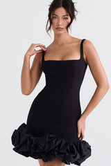 Black Spaghetti Strap Square Neck Mini Bodycon Dress With Ruffle