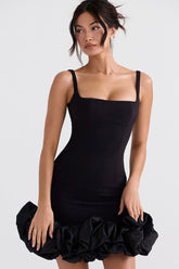 Black Spaghetti Strap Square Neck Mini Bodycon Dress With Ruffle