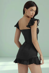 Kassey Black Boning Corset Ruffled Short Dress