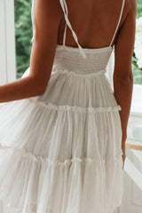White Georgette Tied Spaghetti Strap Flare Mini Dress