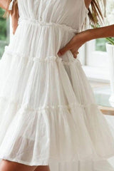 White Georgette Tied Spaghetti Strap Flare Mini Dress