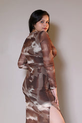 Narae Mokka Full Sleeves Sheer Midi Dress