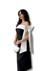 Iris Chic Off-shoulder Drape Midi Dress