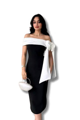 Iris Chic Off-shoulder Drape Midi Dress