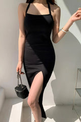 Zara Glam Halter Neck Black Slit Dress