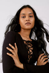 Evora V Neck Lace up Full Sleeves Short Dress