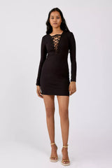 Evora V Neck Lace up Full Sleeves Short Dress