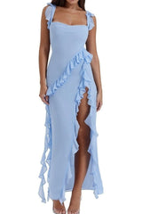 Blue Ruffle Frill High Slit Maxi Dress