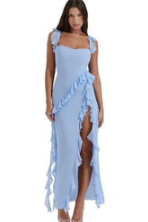Blue Ruffle Frill High Slit Maxi Dress