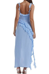 Blue Ruffle Frill High Slit Maxi Dress