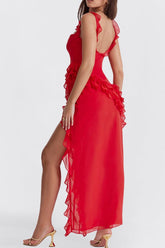 Red Ruffle Frill High Slit Maxi Dress
