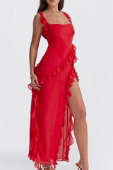 Red Ruffle Frill High Slit Maxi Dress