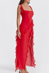 Red Ruffle Frill High Slit Maxi Dress
