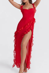 Red Ruffle Frill High Slit Maxi Dress