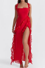 Red Ruffle Frill High Slit Maxi Dress