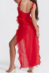Red Ruffle Frill High Slit Maxi Dress