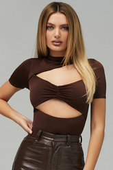 Brown Hallow Out Cutout Short sleeves Bodysuit