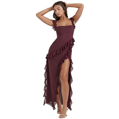 Black Ruffle Frill High Slit Beach Maxi Dress