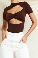 Brown Hallow Out Cutout Short sleeves Bodysuit